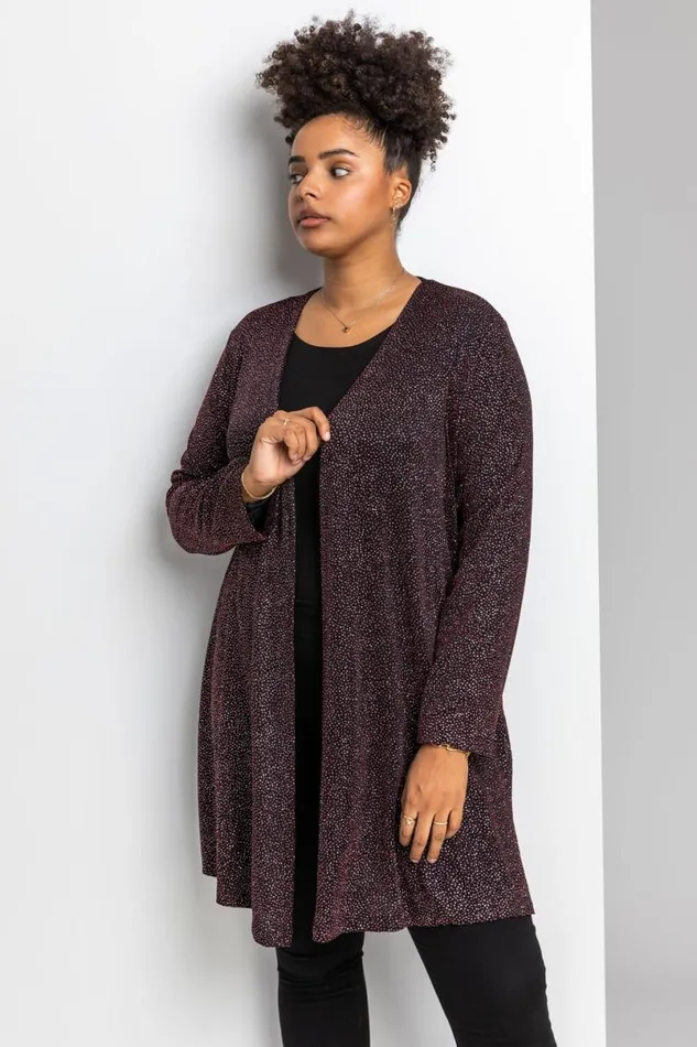 Red Curve Longline Shimmer Kimono Women Roman Tops