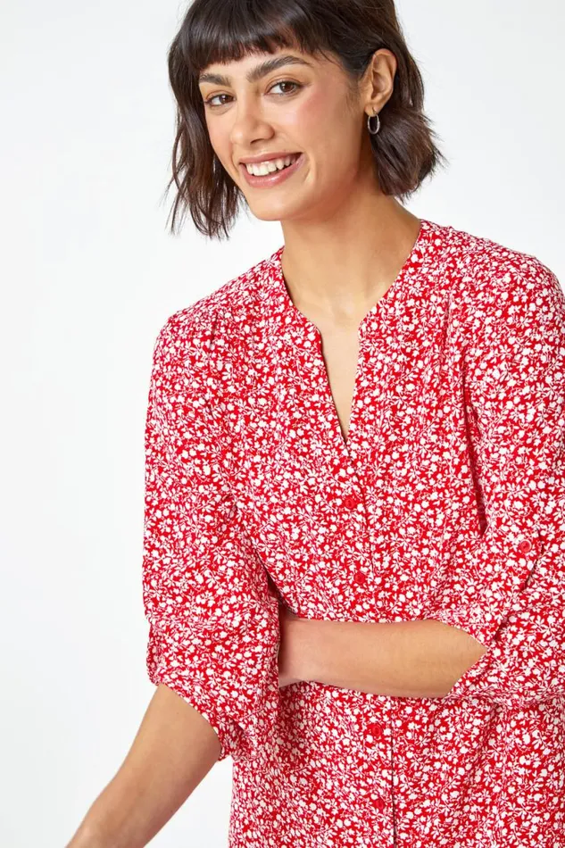 Red Ditsy Floral Print Longline Blouse Women Roman Tops