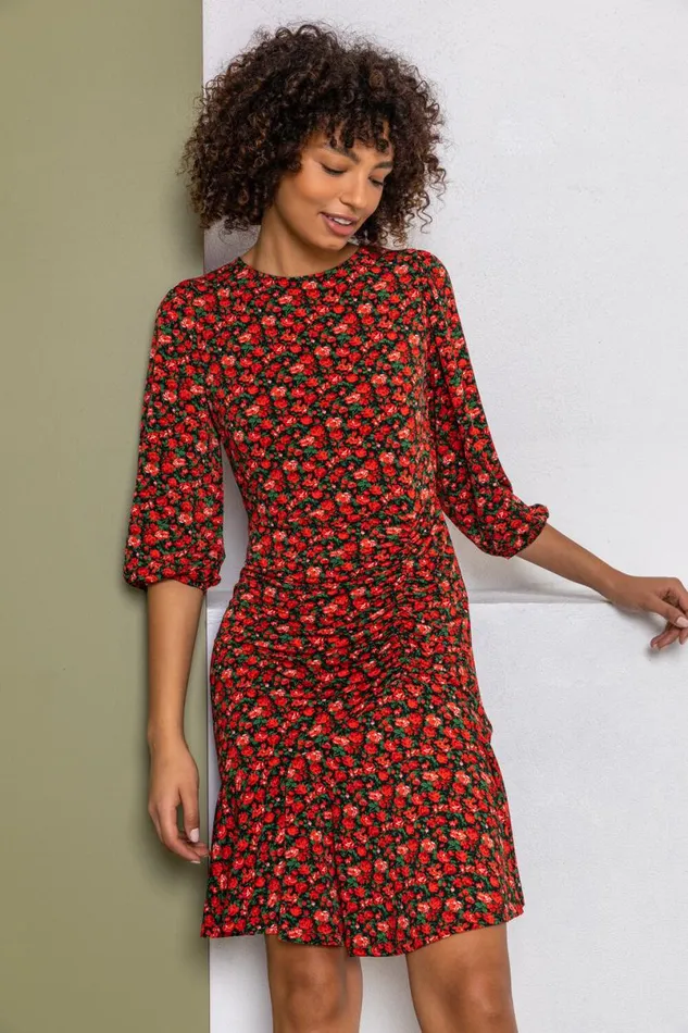 Red Ditsy Floral Ruched Frill Dress Women Roman Dresses