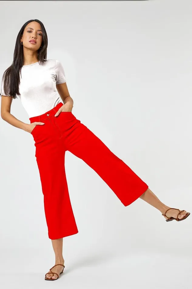 Red Elastic Waist Wide Leg Cropped Denim Culottes Women Roman Trousers
