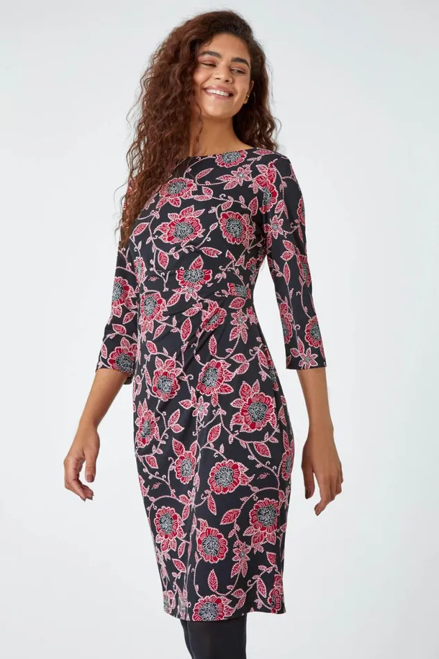 Red Floral Print Ruched Waist Stretch Dress Women Roman Dresses