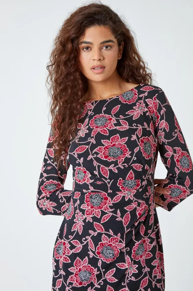 Red Floral Print Ruched Waist Stretch Dress Women Roman Dresses