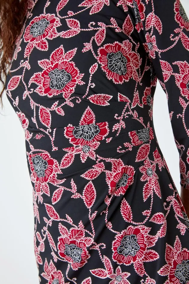 Red Floral Print Ruched Waist Stretch Dress Women Roman Dresses