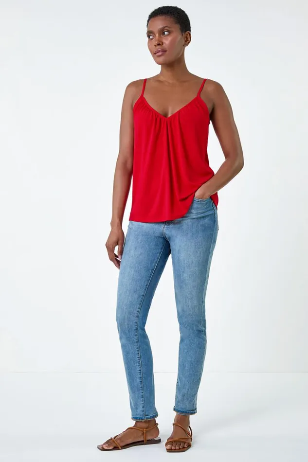 Red Gathered VNeck Stretch Vest Top Women Roman Tops