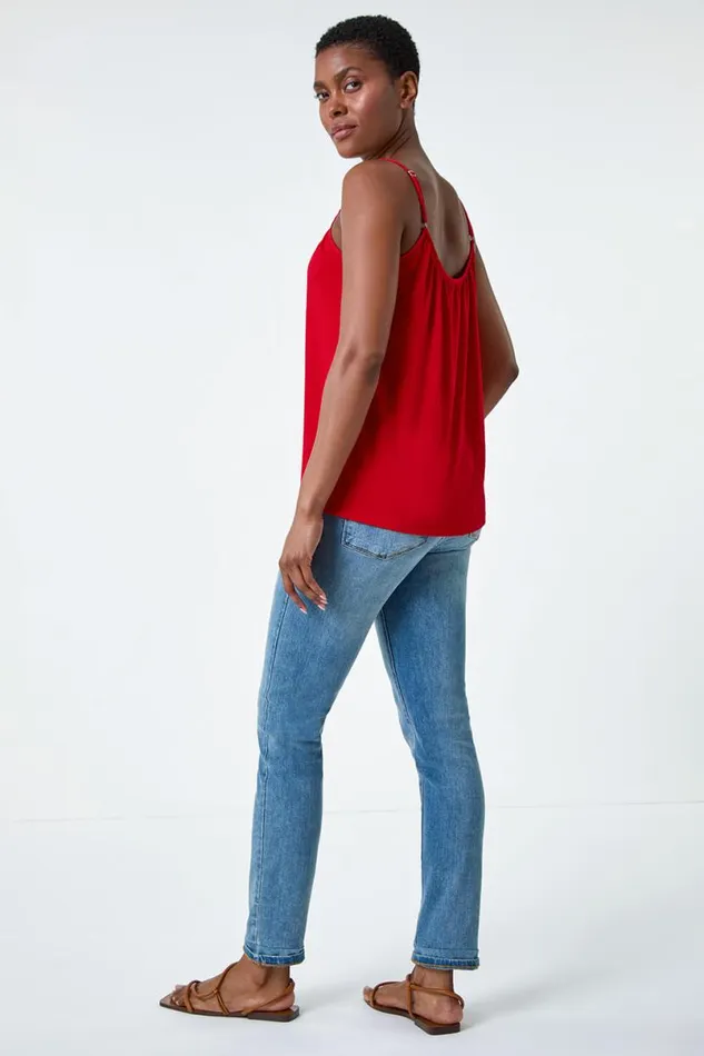 Red Gathered VNeck Stretch Vest Top Women Roman Tops