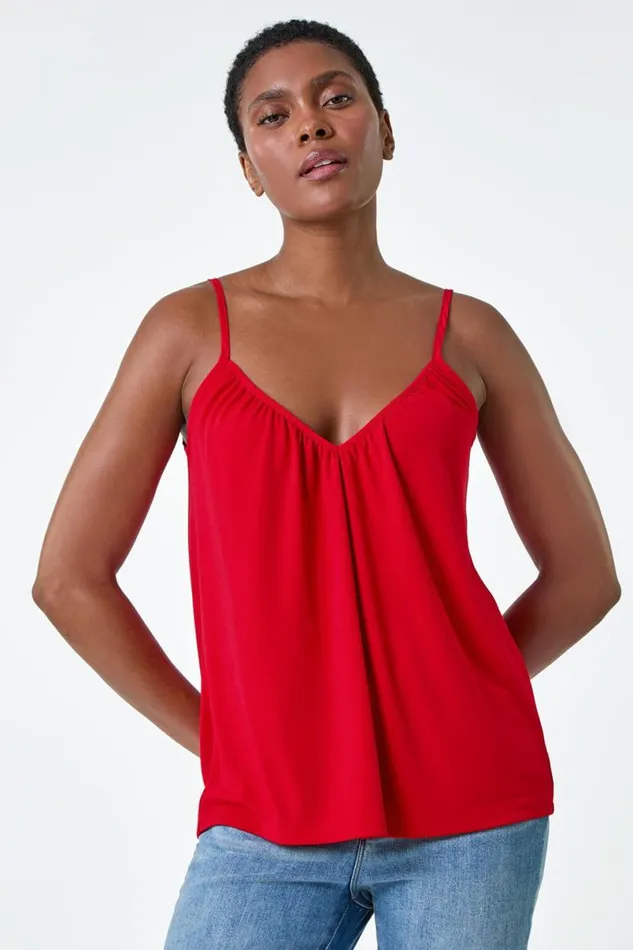Red Gathered VNeck Stretch Vest Top Women Roman Tops