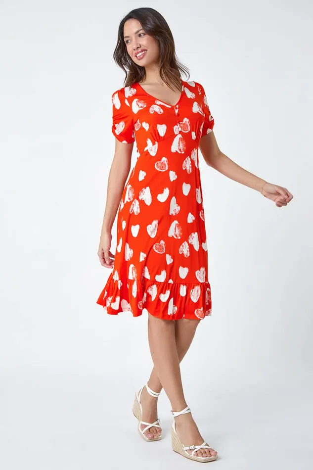 Red Heart Print Frill Hem Stretch Dress Women Roman Dresses