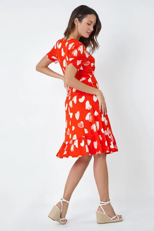 Red Heart Print Frill Hem Stretch Dress Women Roman Dresses