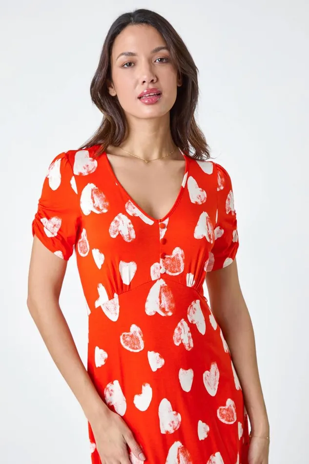 Red Heart Print Frill Hem Stretch Dress Women Roman Dresses