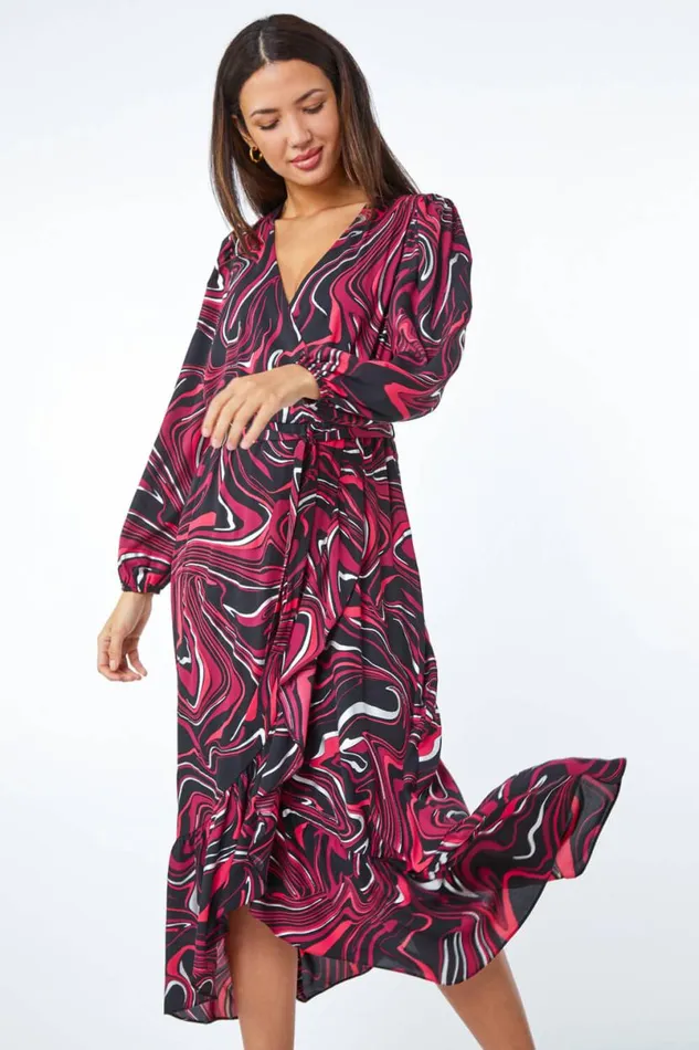Red Marble Print Wrap Dress Women Roman Dresses