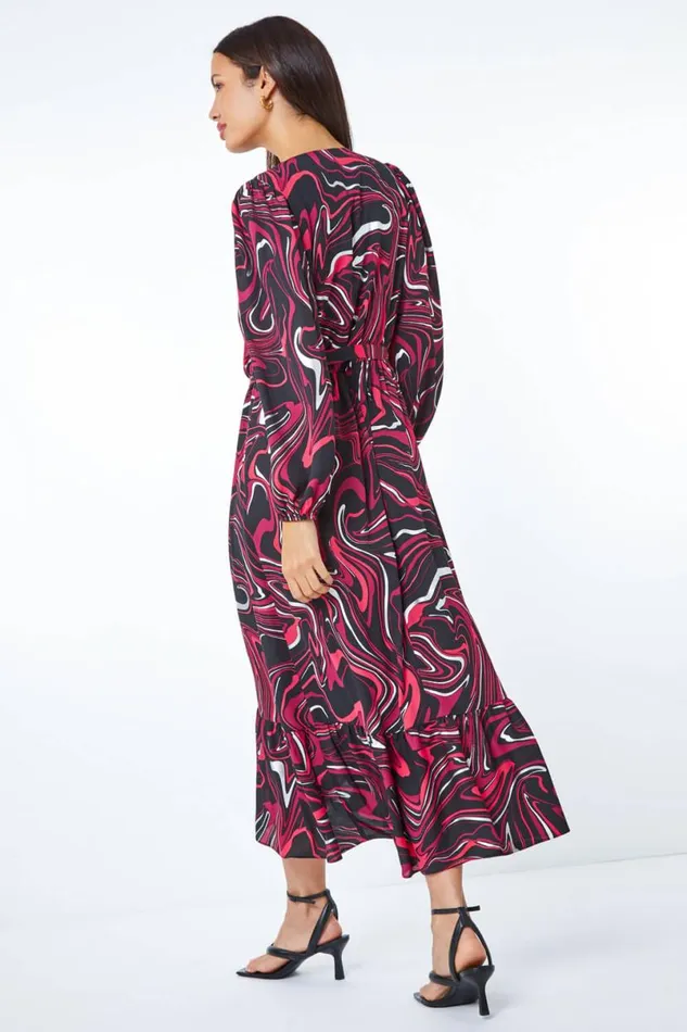 Red Marble Print Wrap Dress Women Roman Dresses