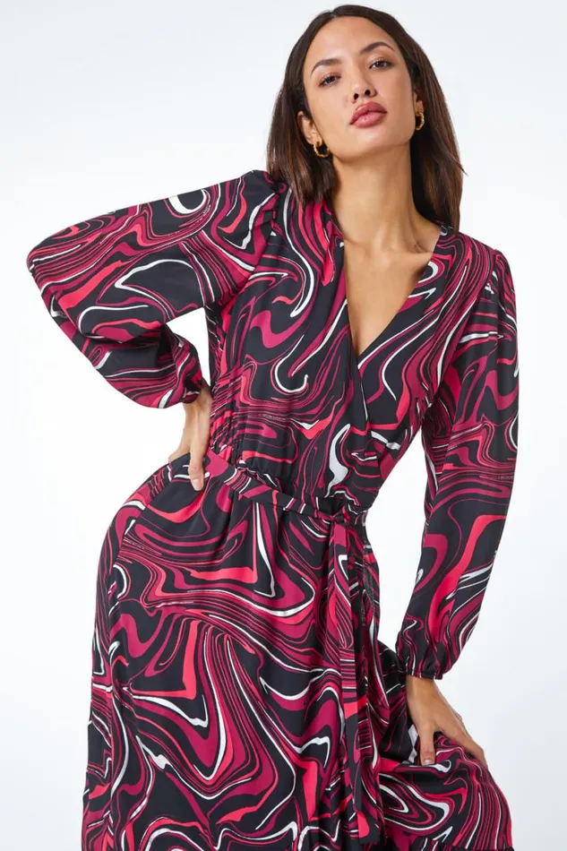 Red Marble Print Wrap Dress Women Roman Dresses
