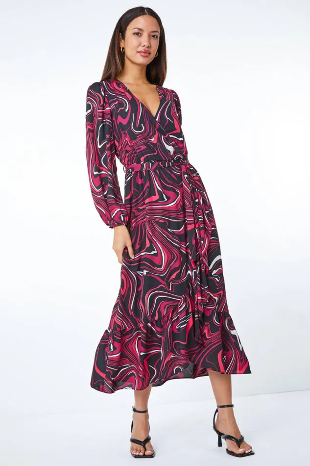 Red Marble Print Wrap Dress Women Roman Dresses