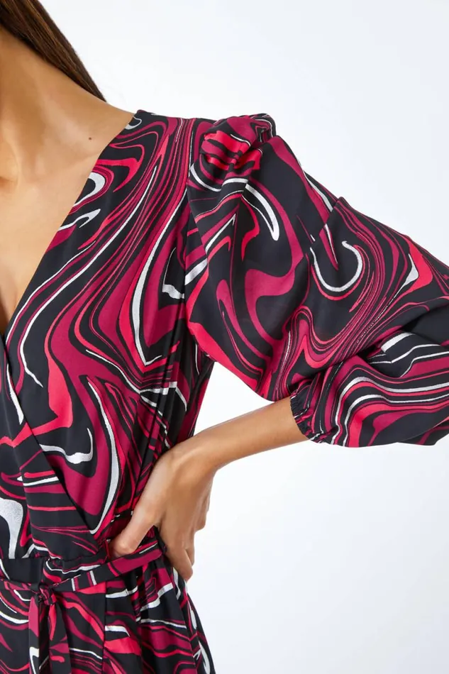 Red Marble Print Wrap Dress Women Roman Dresses