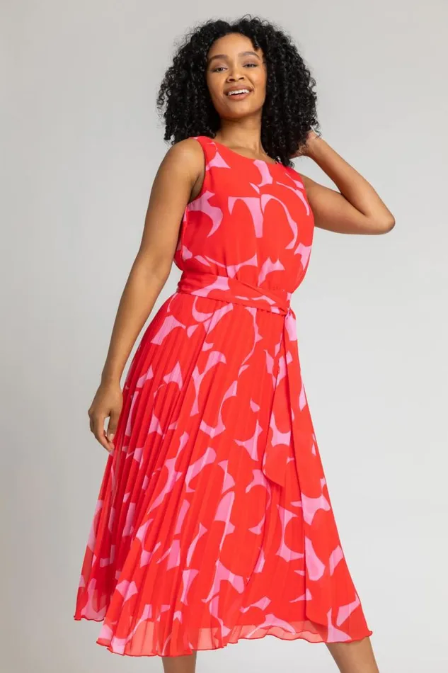 Red Petite Abstract Pleated Chiffon Midi Dress Women Roman Dresses