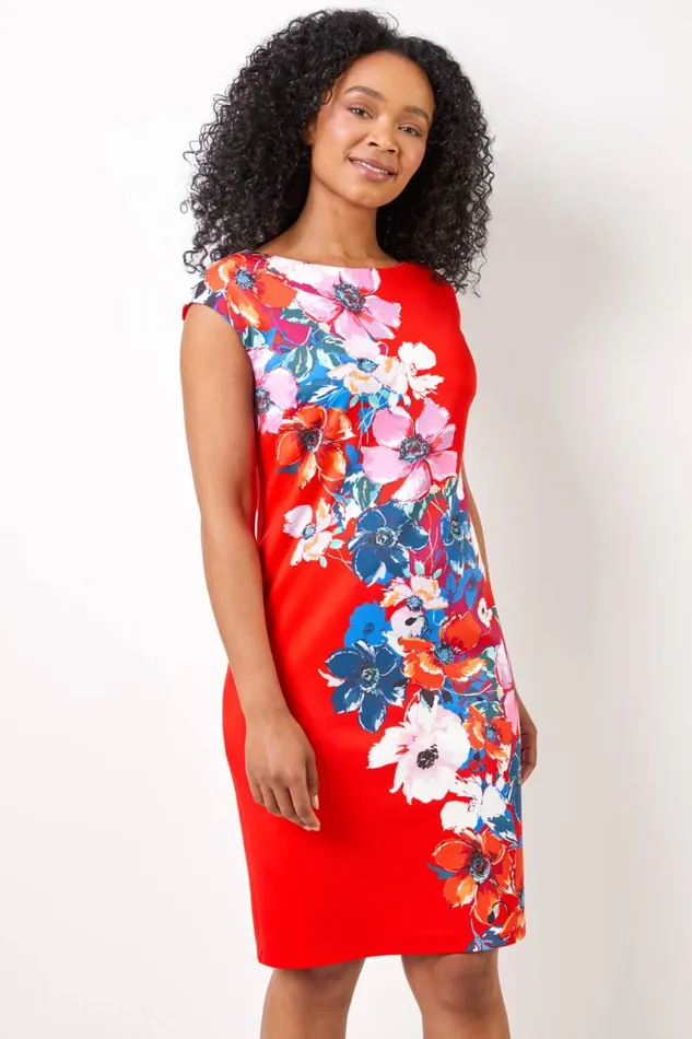 Red Petite Floral Print Premium Stretch Dress Women Roman Dresses