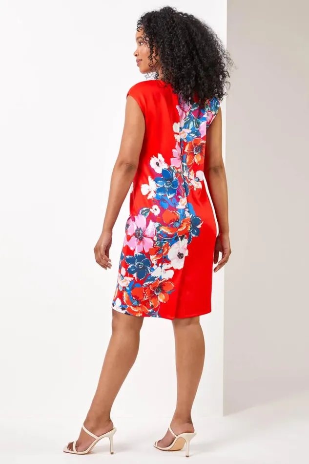 Red Petite Floral Print Premium Stretch Dress Women Roman Dresses