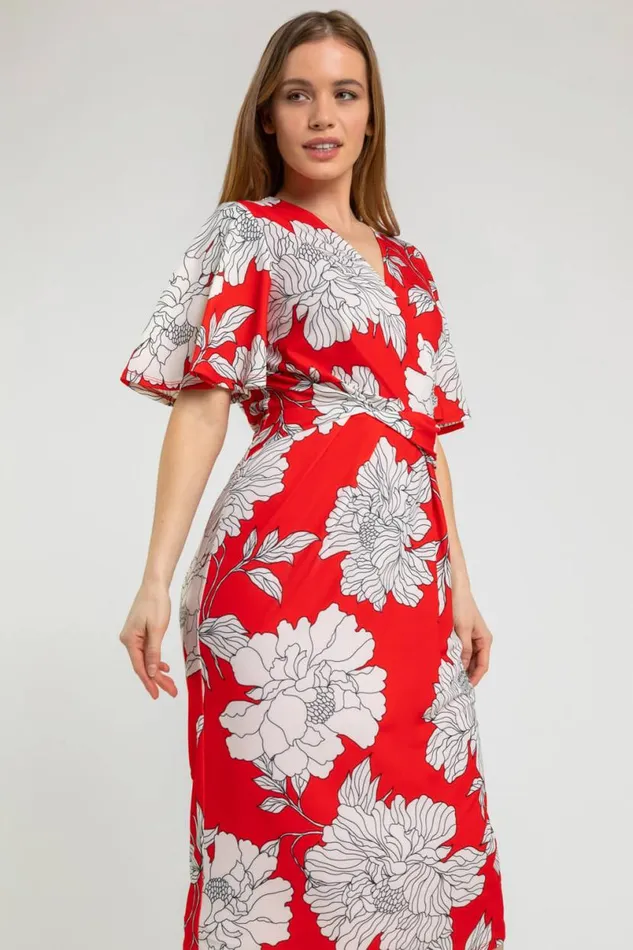 Red Petite Floral Ruched Wrap Dress Women Roman Dresses