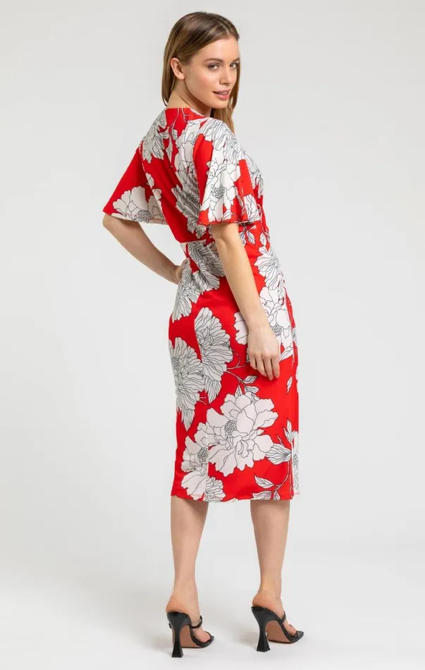 Red Petite Floral Ruched Wrap Dress Women Roman Dresses