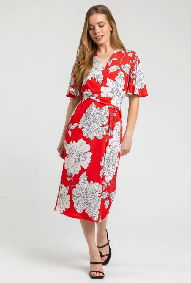Red Petite Floral Ruched Wrap Dress Women Roman Dresses