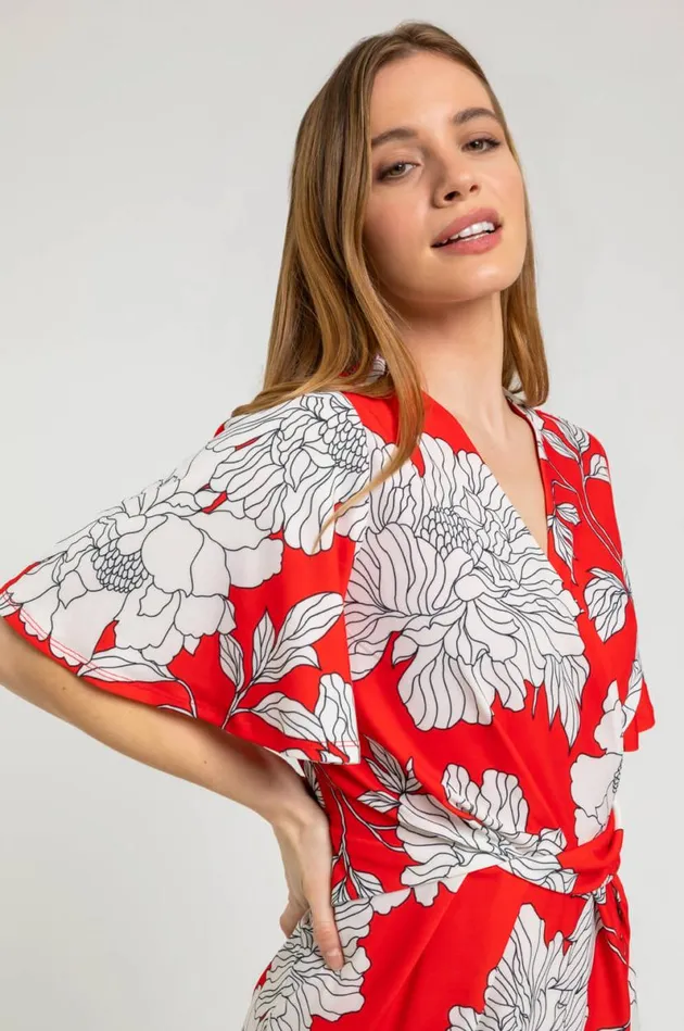 Red Petite Floral Ruched Wrap Dress Women Roman Dresses