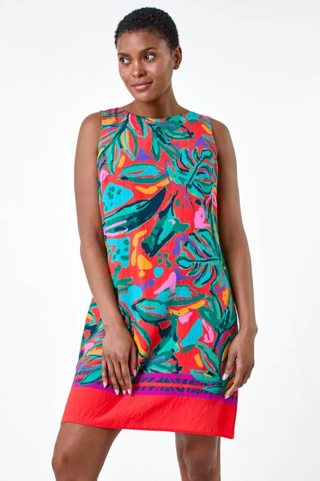 Red Tropical Border Tie Detail Shift Dress Women Roman Dresses