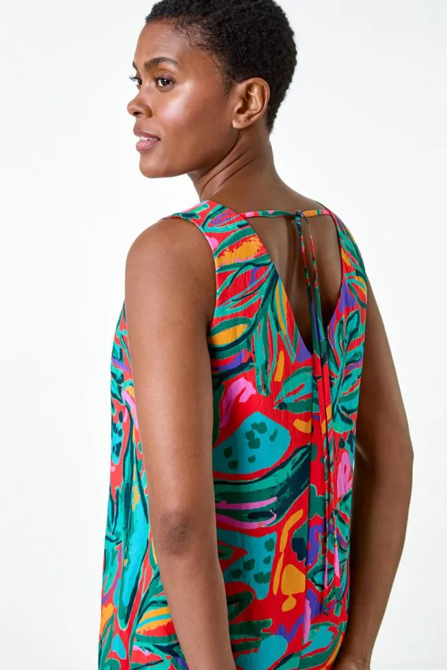 Red Tropical Border Tie Detail Shift Dress Women Roman Dresses