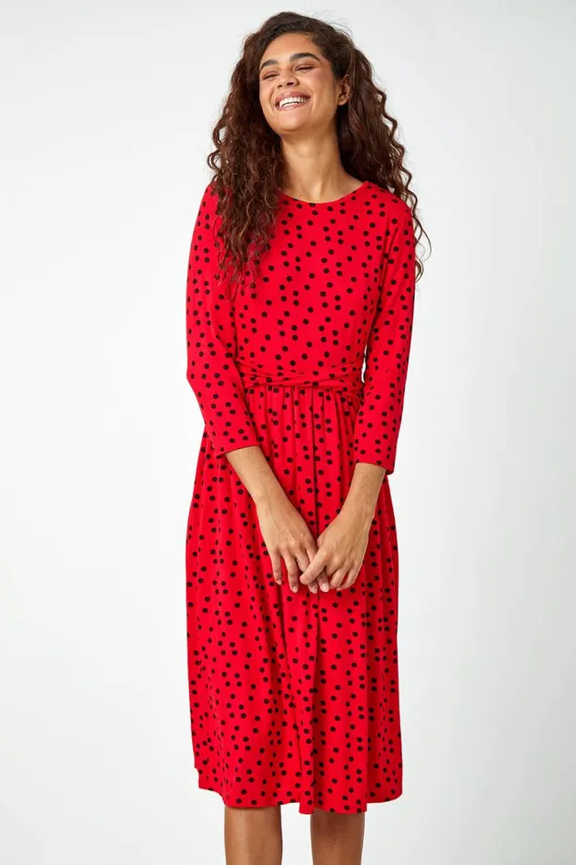 Red Twist Waist Spot Print Stretch Dress Women Roman Dresses