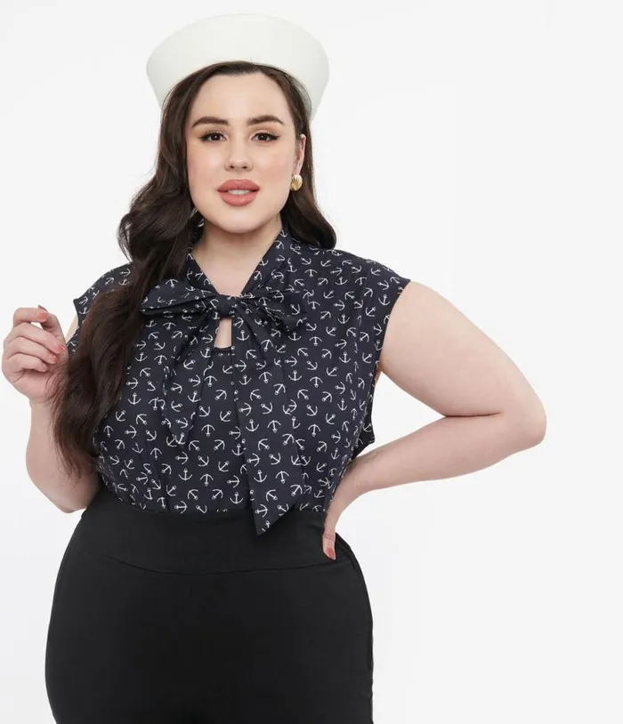 Retrolicious Plus Size 1950s Navy Anchor Print Cotton Bow Blouse ClothingPlus Unique Vintage Blouses