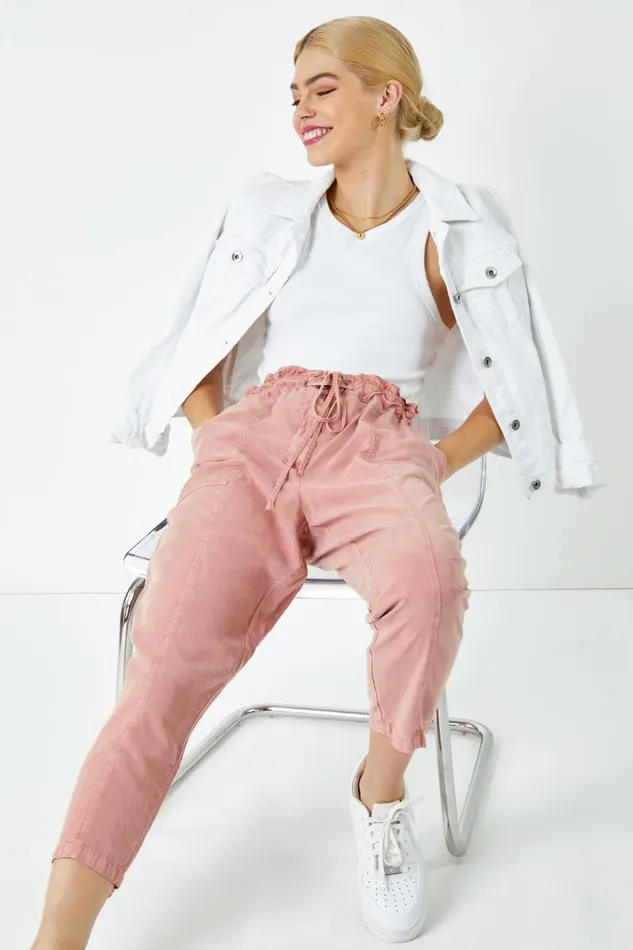 Rose Frill Detail Panel Cropped Trousers Women Roman Trousers
