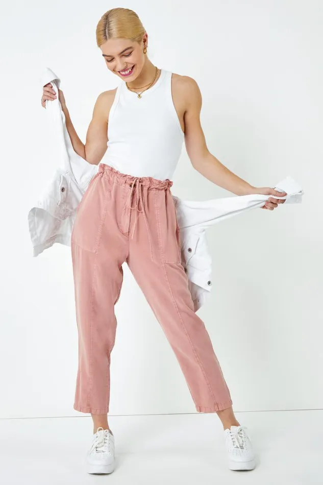 Rose Frill Detail Panel Cropped Trousers Women Roman Trousers