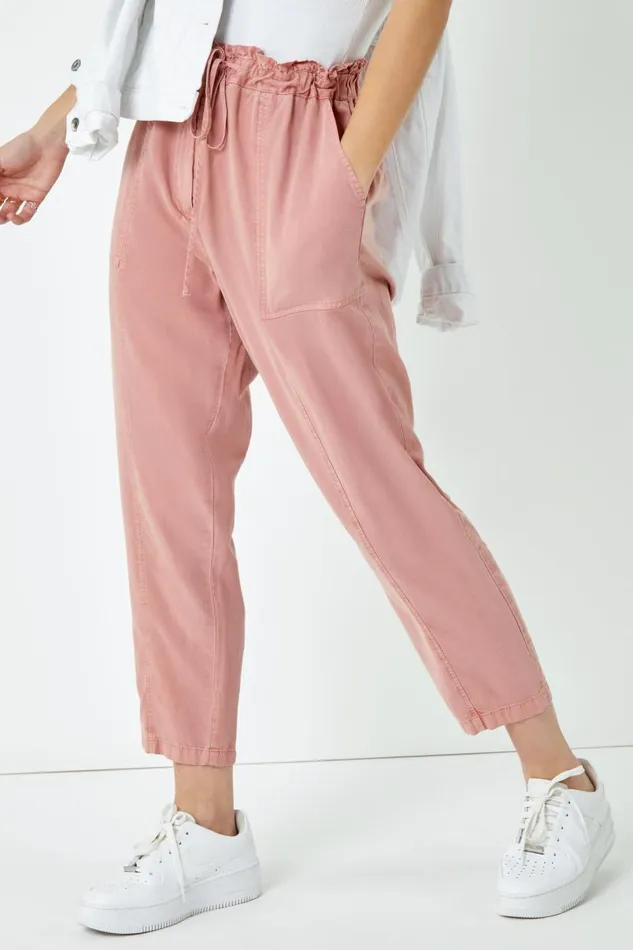 Rose Frill Detail Panel Cropped Trousers Women Roman Trousers