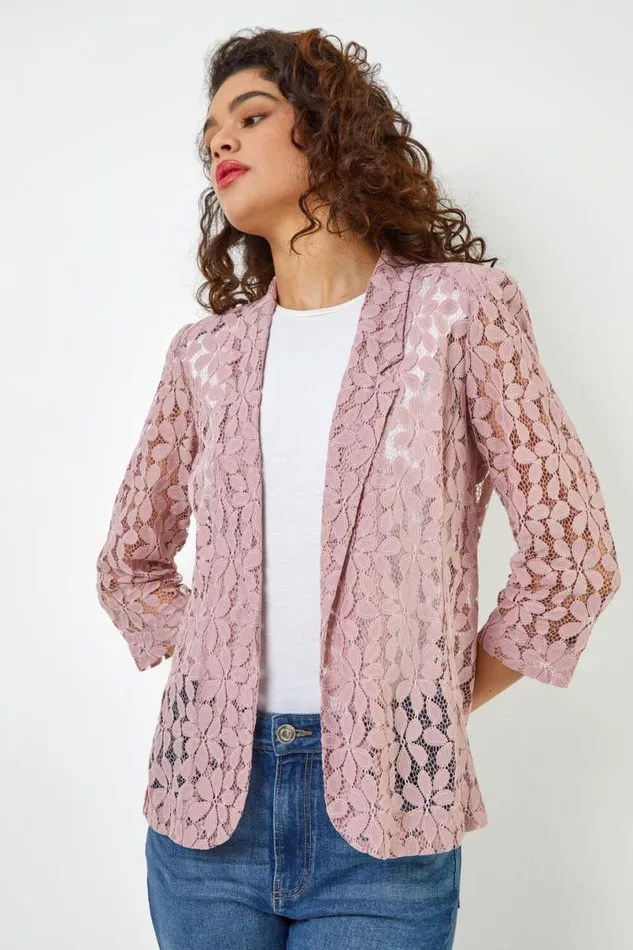 Rose Pink 34 Sleeve Petal Lace Jacket Women Roman Occasionwear