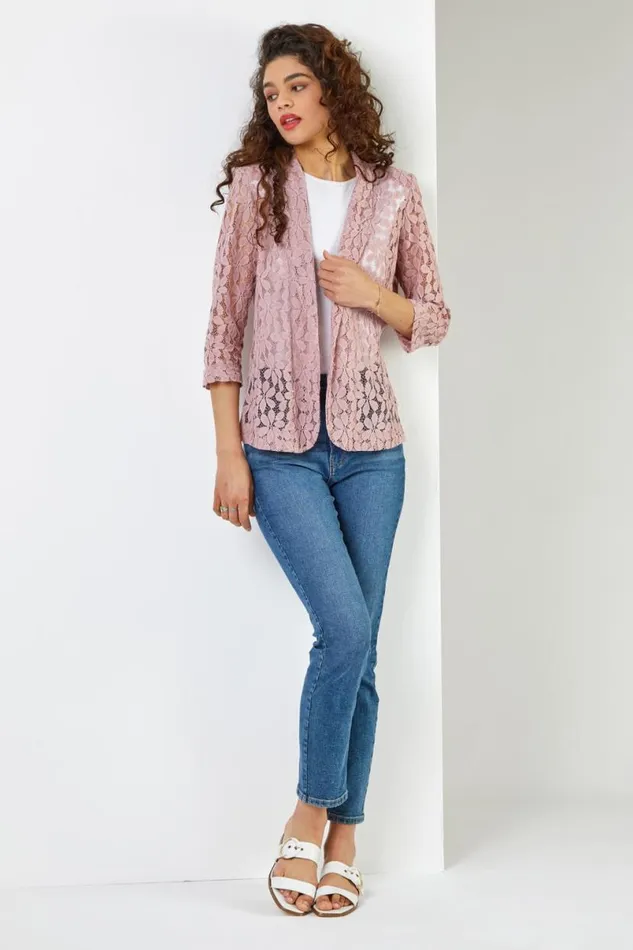 Rose Pink 34 Sleeve Petal Lace Jacket Women Roman Occasionwear