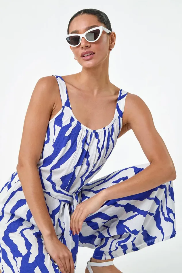 Royal Blue Animal Print Belted Jumpsuit Women Roman Dresses