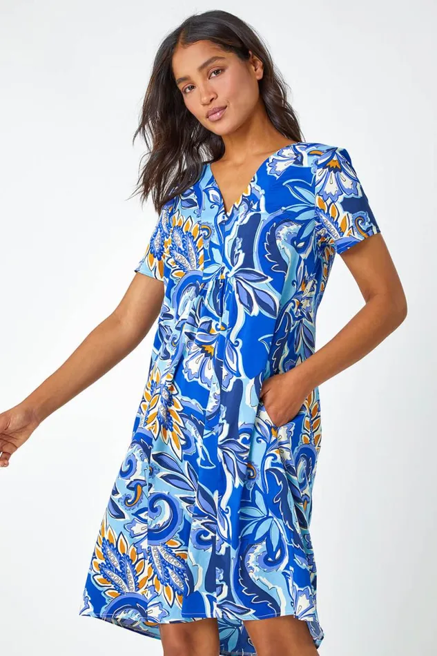 Royal Blue Baroque Floral Pocket Tunic Dress Women Roman Dresses