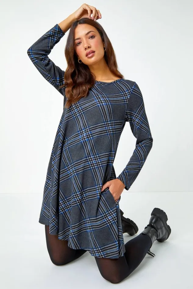 Royal Blue Check Print Swing Stretch Dress Women Roman Dresses