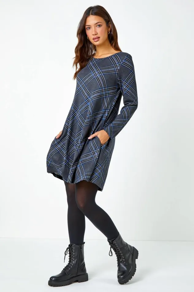 Royal Blue Check Print Swing Stretch Dress Women Roman Dresses