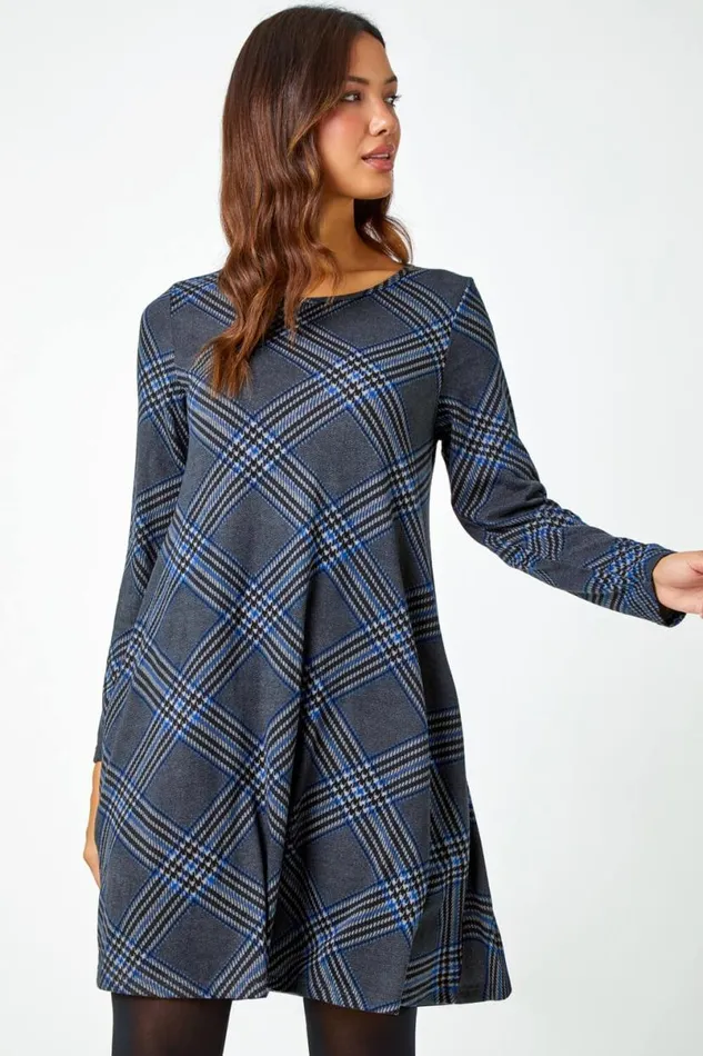 Royal Blue Check Print Swing Stretch Dress Women Roman Dresses