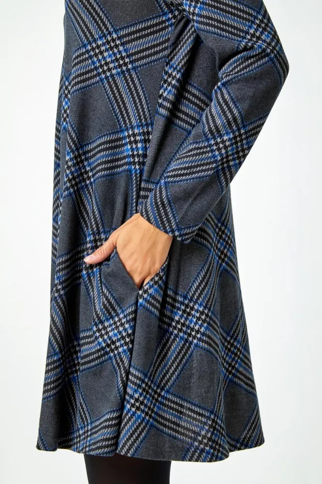 Royal Blue Check Print Swing Stretch Dress Women Roman Dresses