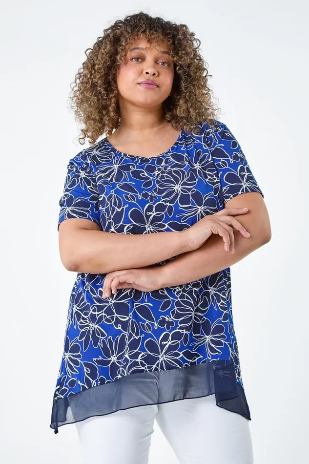 Royal Blue Curve Floral Print Chiffon Hem Top Women Roman Tops