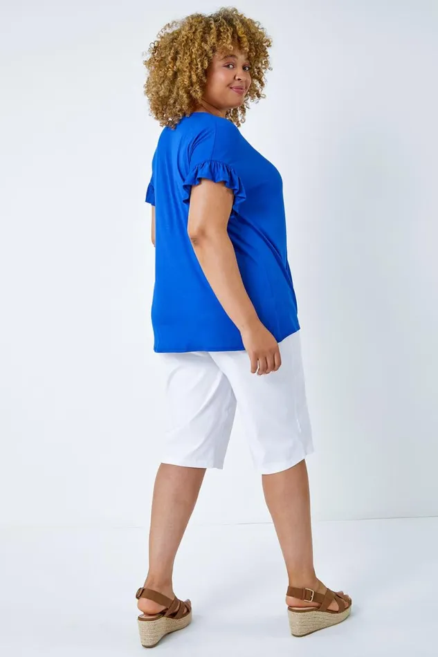 Royal Blue Curve Frill Sleeve VNeck Top Women Roman Tops