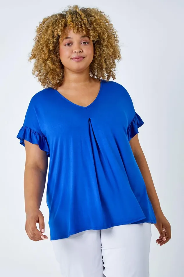 Royal Blue Curve Frill Sleeve VNeck Top Women Roman Tops