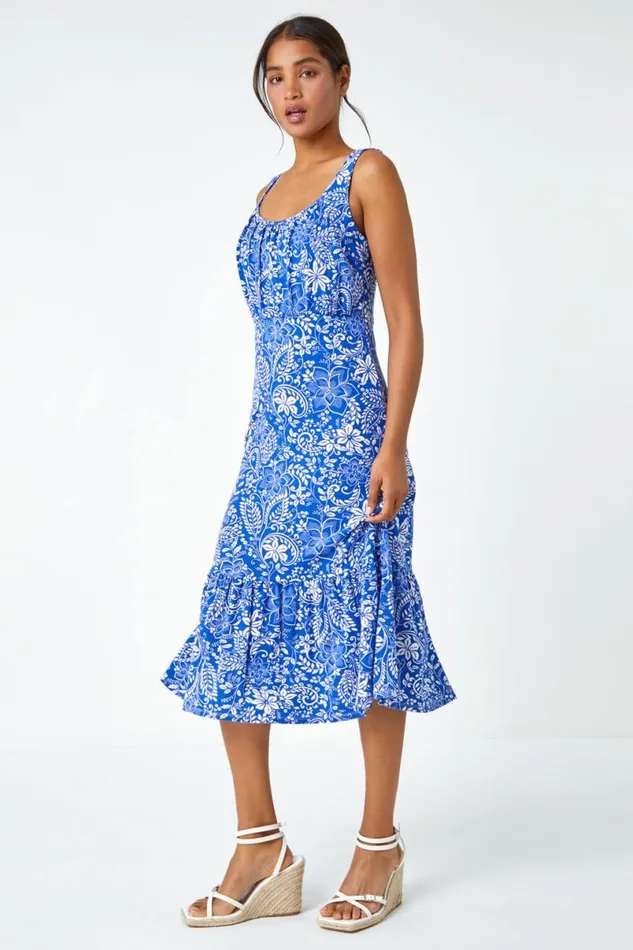 Royal Blue Floral Frill Hem Stretch Midi Dress Women Roman Dresses