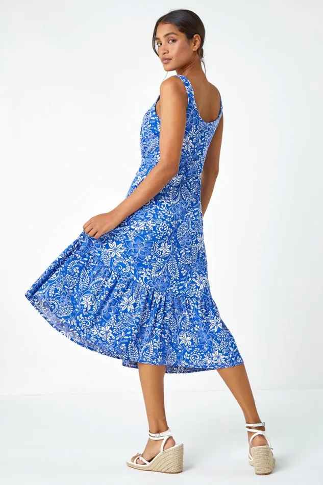 Royal Blue Floral Frill Hem Stretch Midi Dress Women Roman Dresses