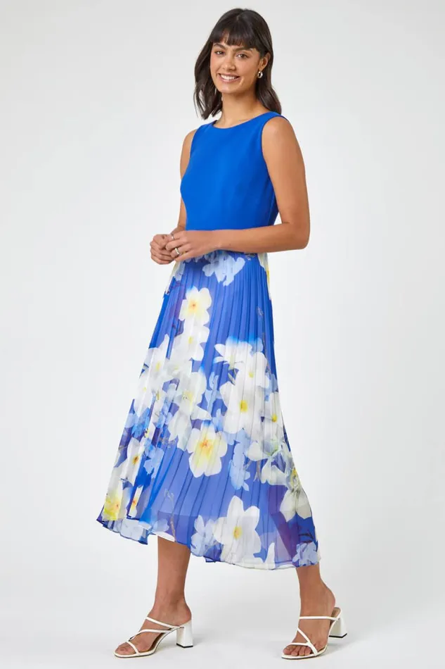 Royal Blue Floral Print Chiffon Fit and Flare Dress Women Roman Dresses