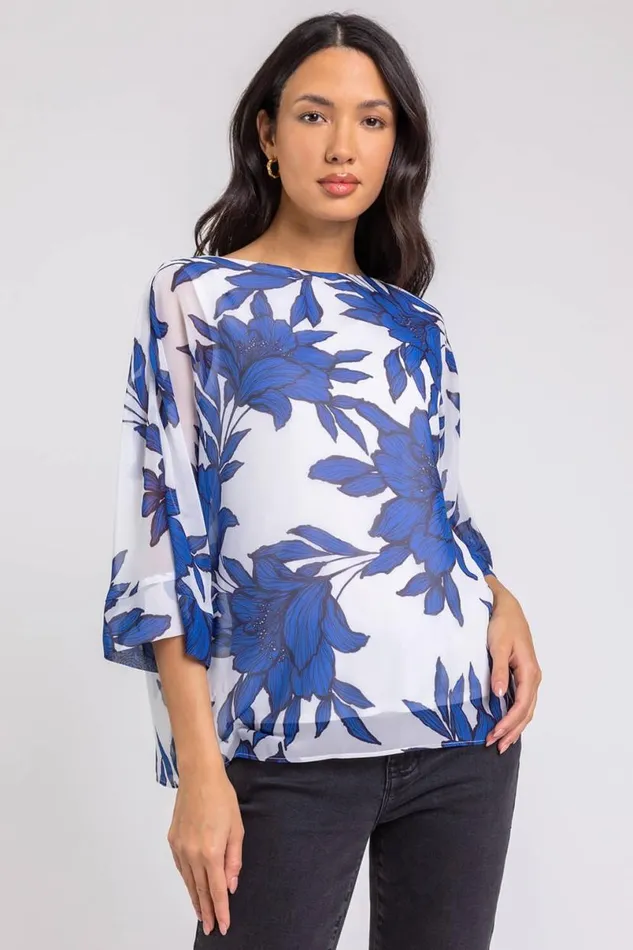 Royal Blue Floral Print Chiffon Overlay Top Women Roman Tops