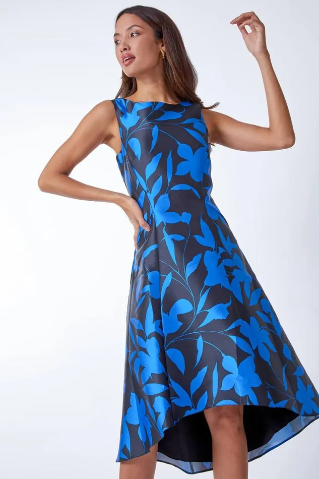 Royal Blue Floral Print Dipped Hem Jacquard Dress Women Roman Dresses