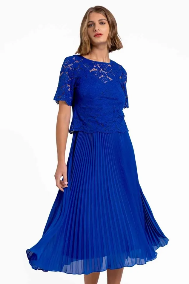 Royal Blue Lace Top Overlay Pleated Midi Dress Women Roman Dresses