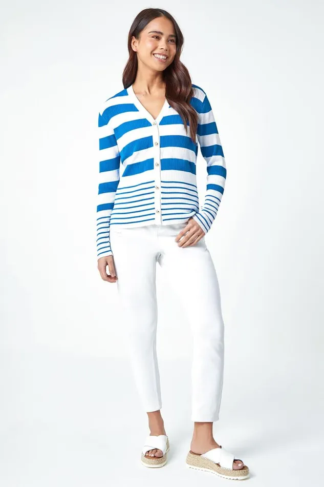 Royal Blue Petite Multi Stripe VNeck Cardigan Women Roman Knitwear
